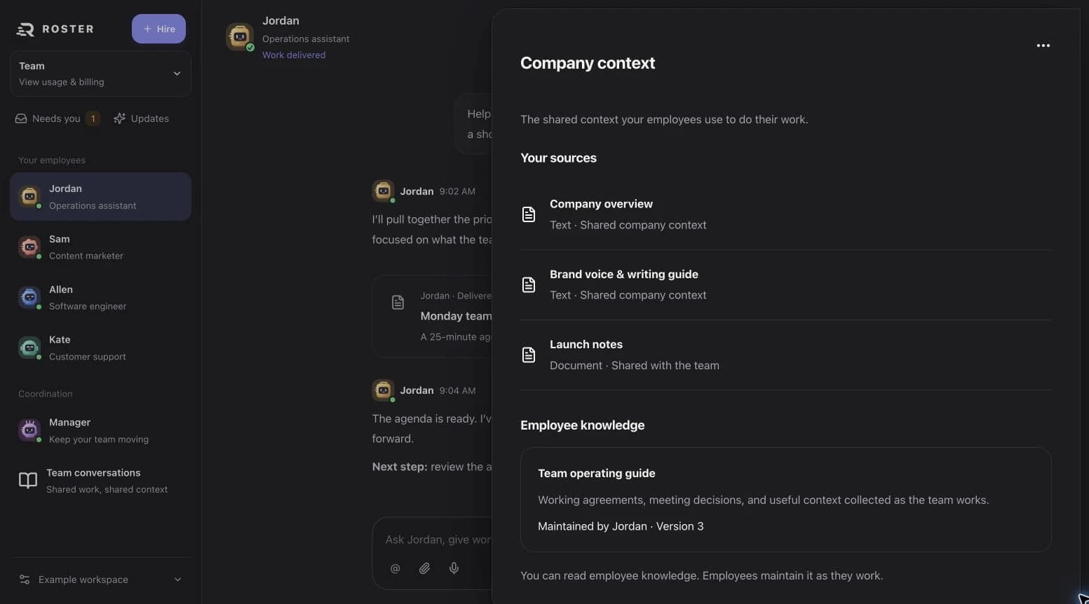 Example company knowledge and shared documents in Roster