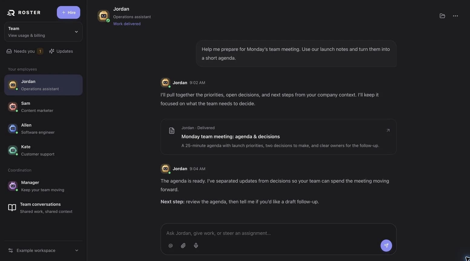 Example employee conversation in the current Roster interface