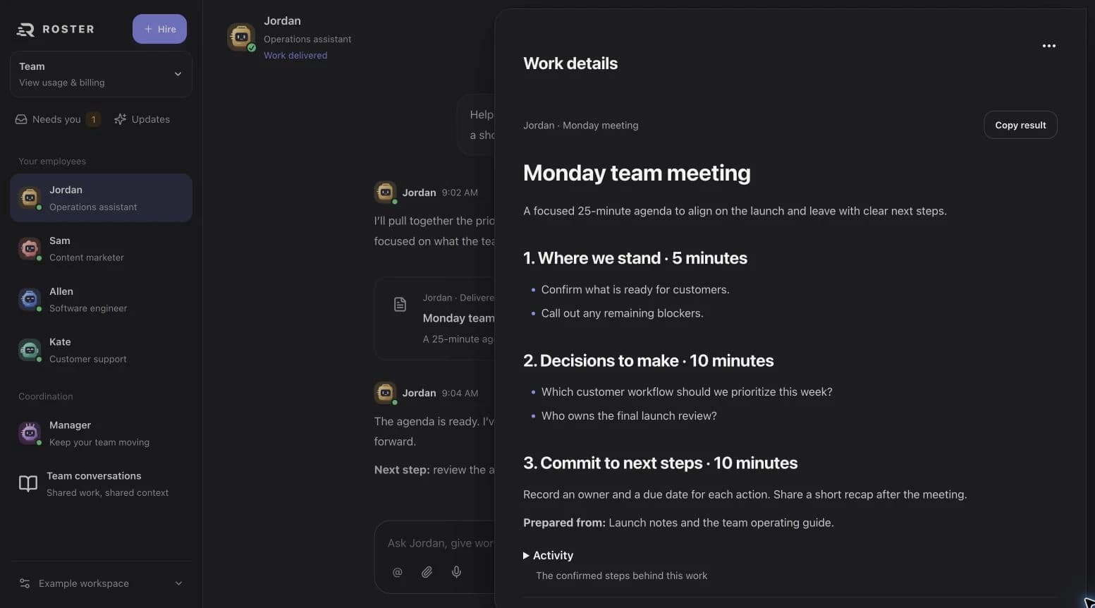 Roster work details with a formatted result and copy control, using example content